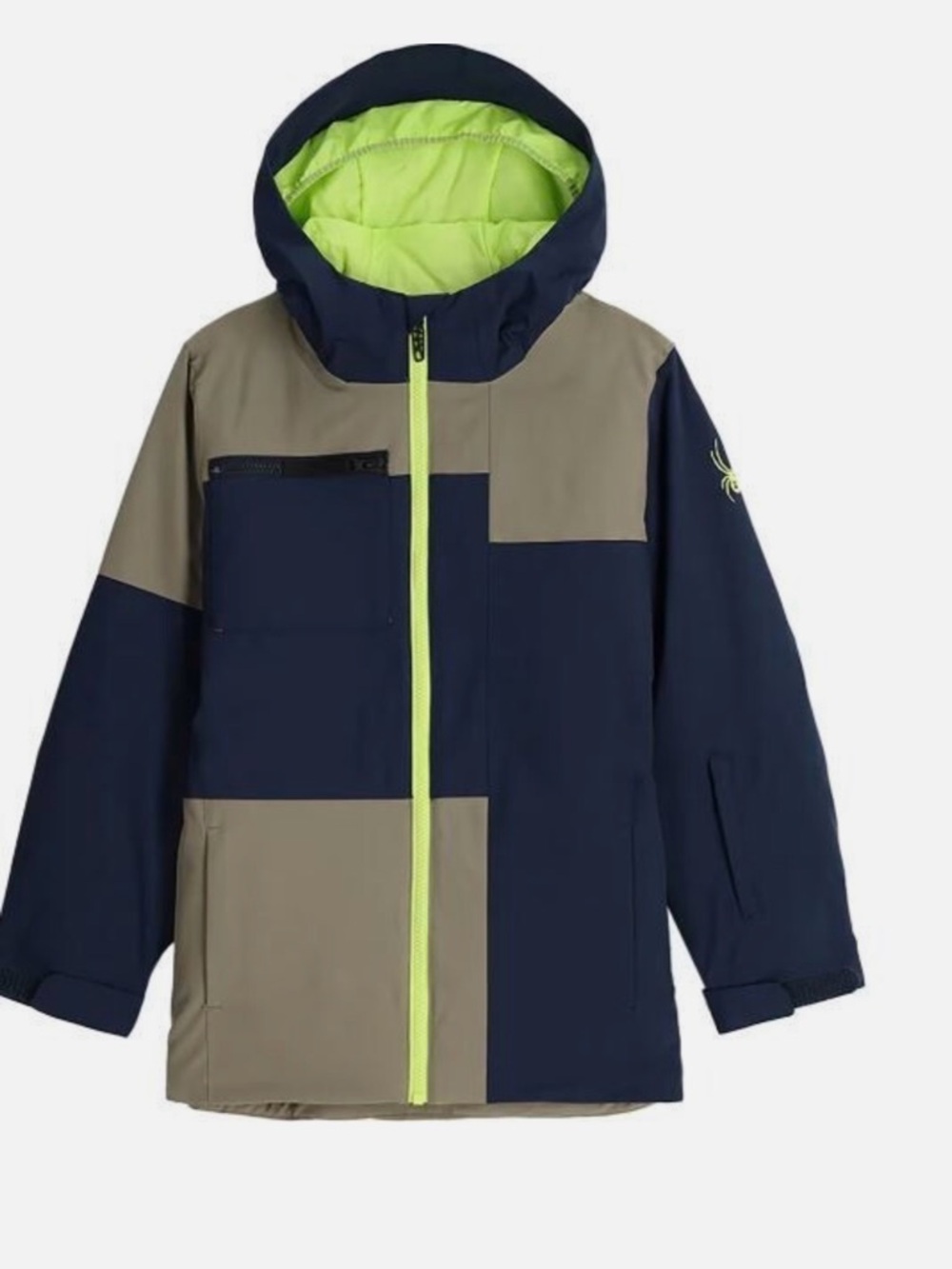 Spyder Nederland Kids ski jacket. Hooded Puffer Jacket in Navy, Taupe.